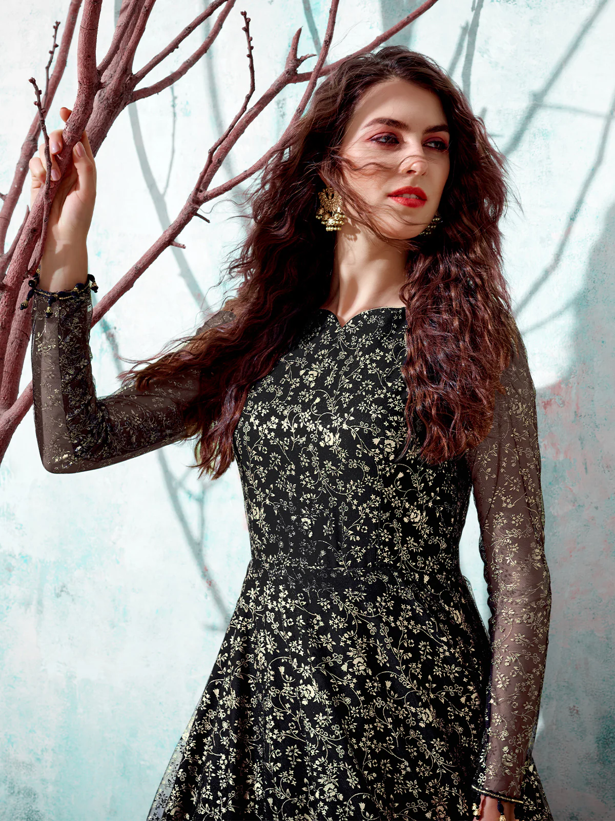 Odette Women Designer Black Net Semi Stitched Gown - Image 2