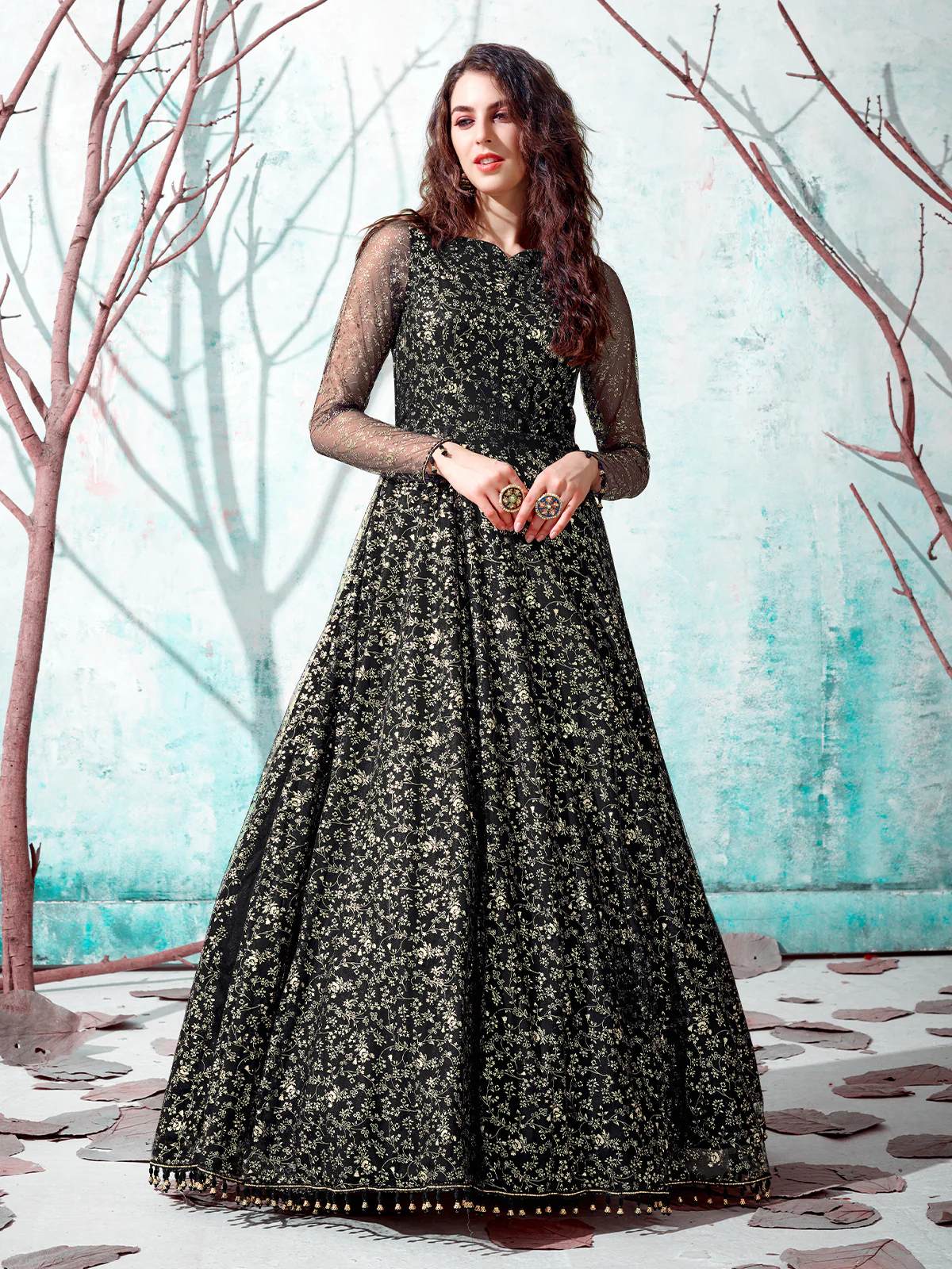 Odette Women Designer Black Net Semi Stitched Gown - Image 3