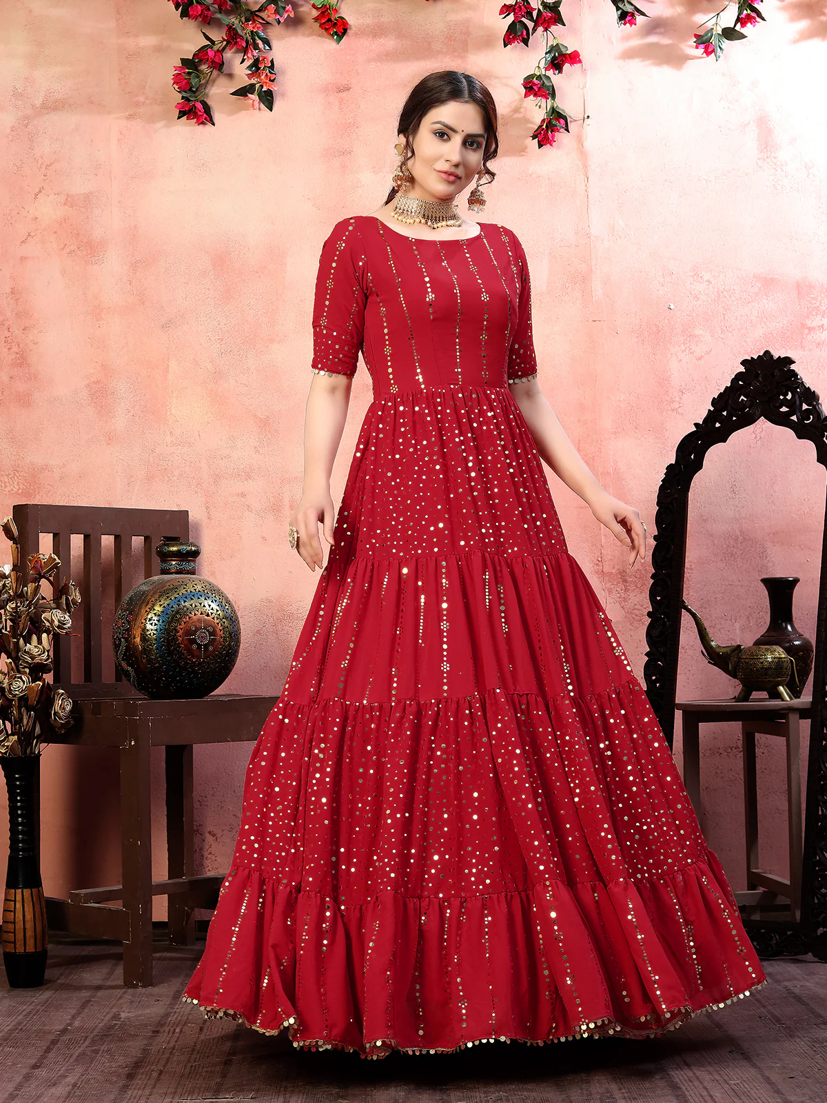 Odette Women Designer Red Silk Semi Stitched Gown - Image 2