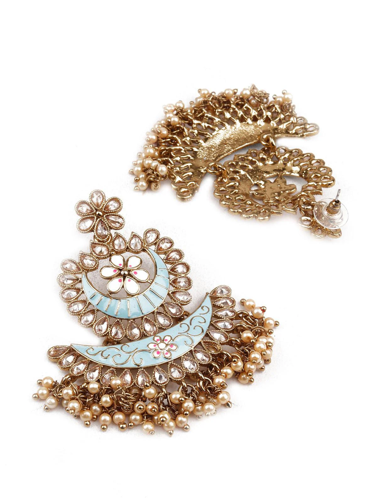 Odette Women Designer Blue And Gold Layered Chandbali Earrings - Image 3