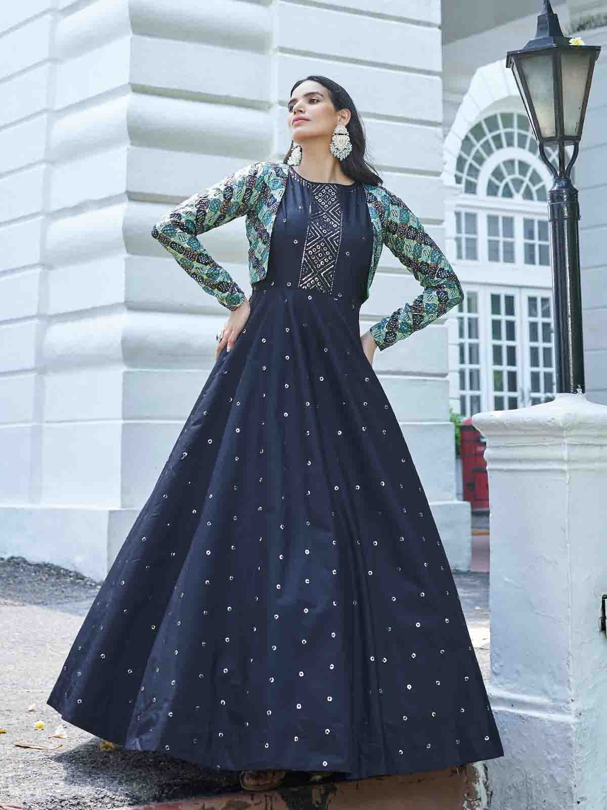 Odette Women Designer Blue Cotton Semi Stitched Gown - Image 2