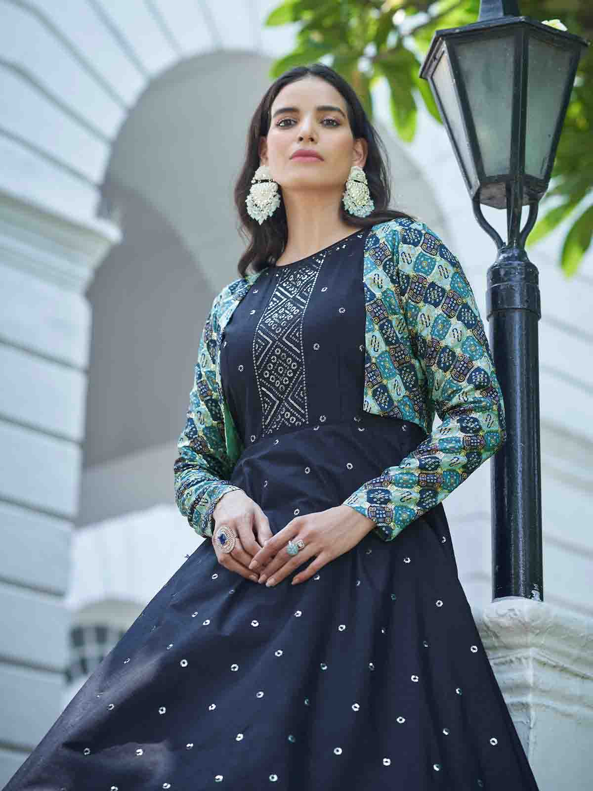 Odette Women Designer Blue Cotton Semi Stitched Gown - Image 4