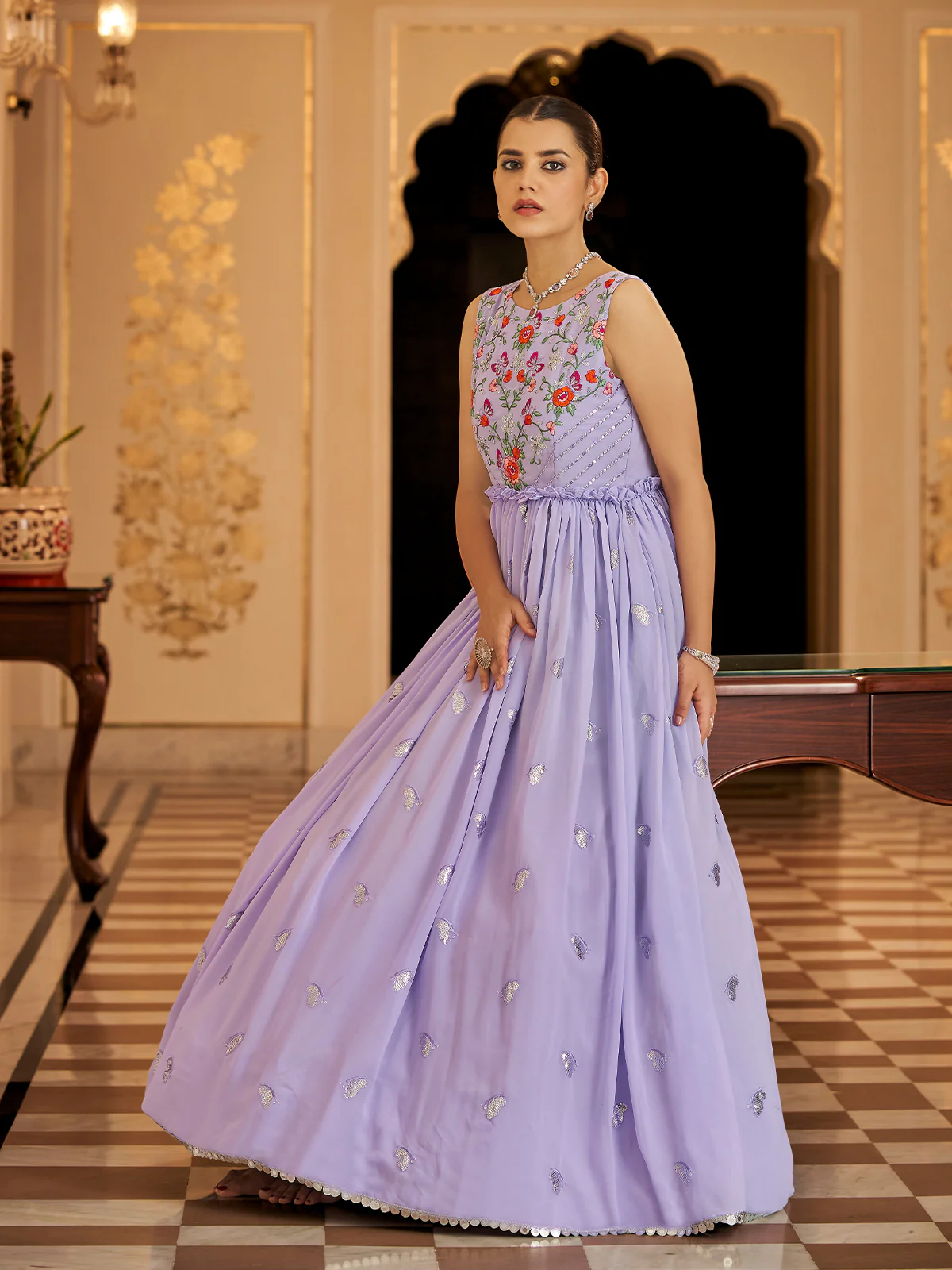 Odette Women Designer Purple Georgette Semi Stitched Gown - Image 2