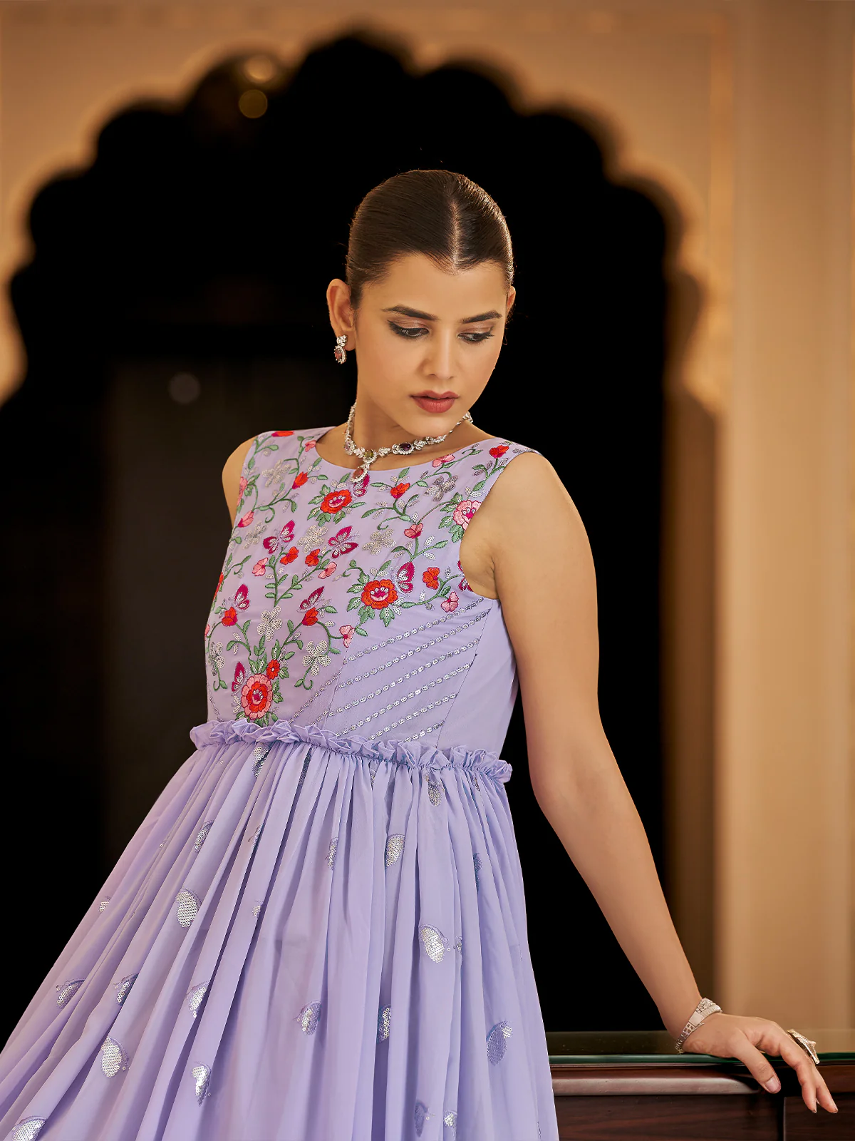 Odette Women Designer Purple Georgette Semi Stitched Gown - Image 3