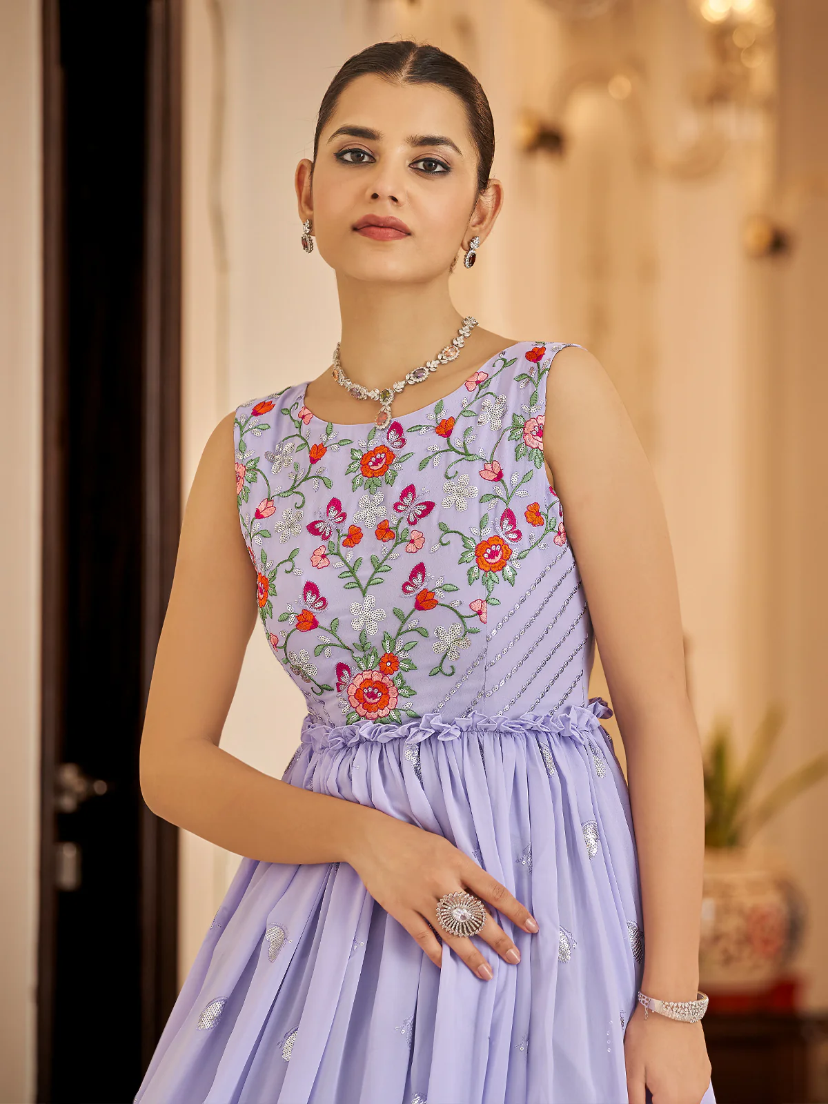 Odette Women Designer Purple Georgette Semi Stitched Gown - Image 4