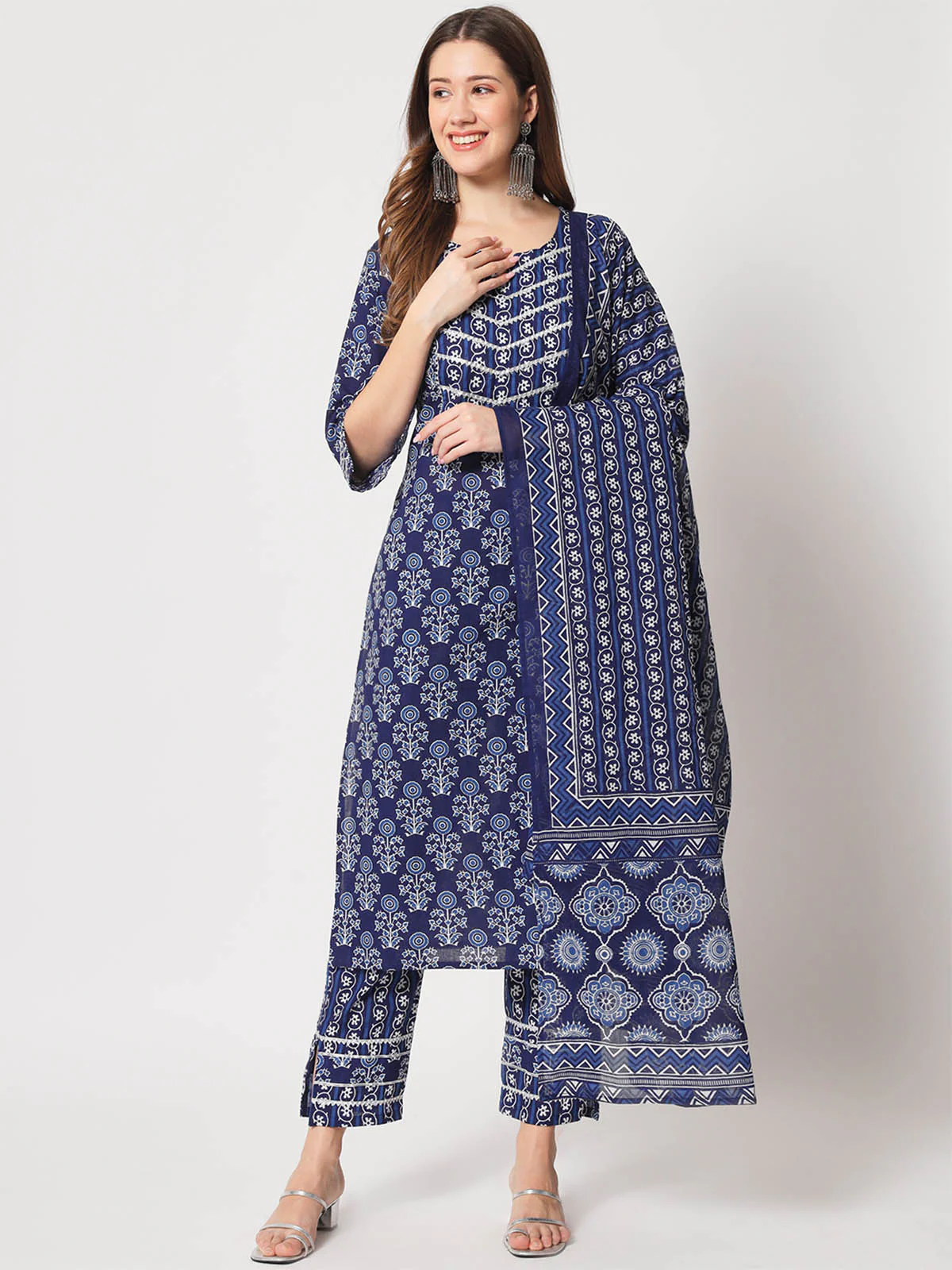 Odette Women Designer Dark Blue Cotton Printed Stitched Kurta Set - Image 2