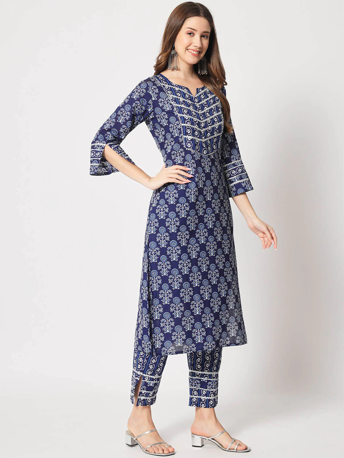 Odette Women Designer Dark Blue Cotton Printed Stitched Kurta Set - Image 4