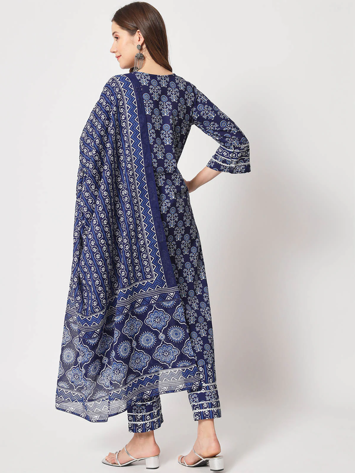 Odette Women Designer Dark Blue Cotton Printed Stitched Kurta Set - Image 5