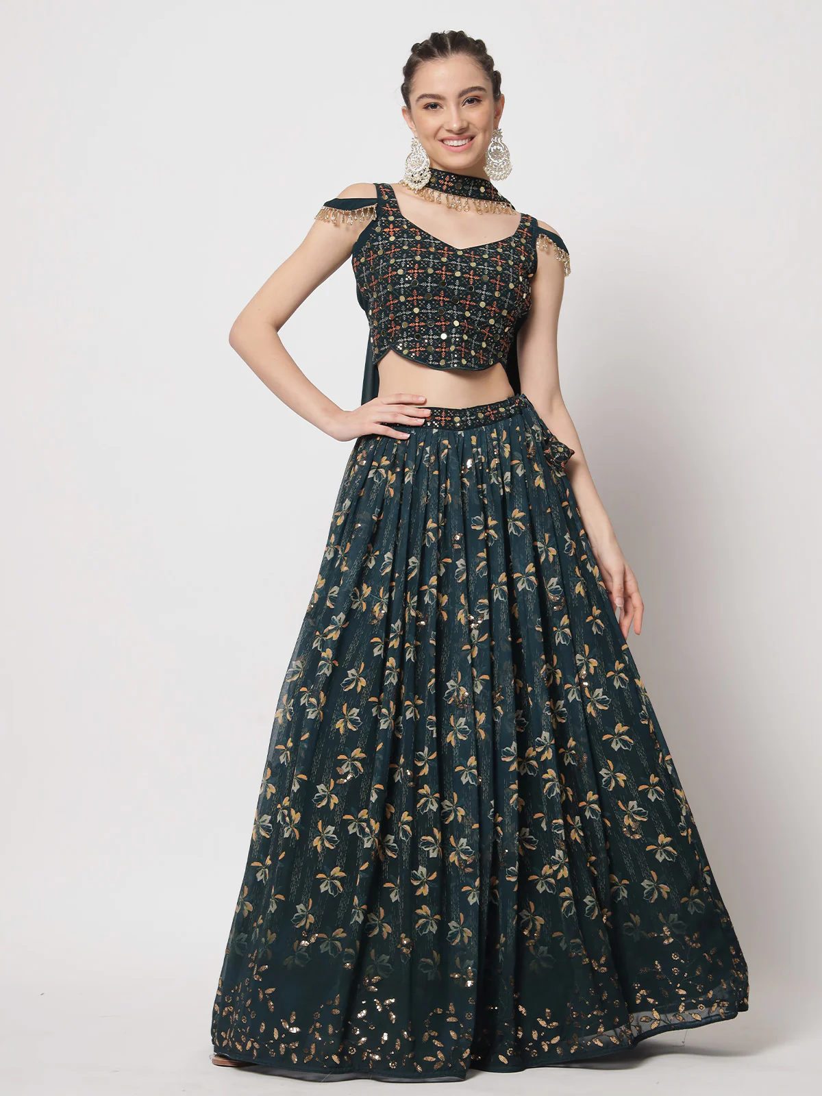 Odette Women Designer Dark Green Georgette Printed Semi Stitched Lehenga With Unstitched Blouse - Image 3