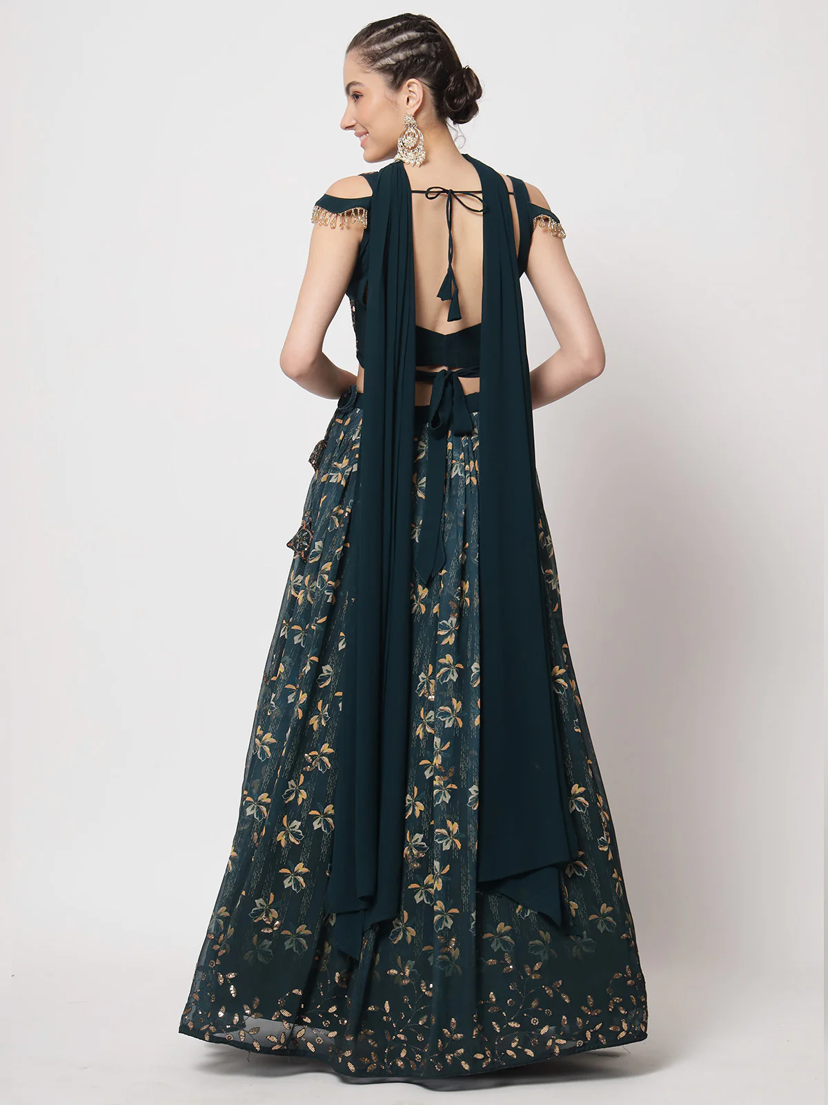 Odette Women Designer Dark Green Georgette Printed Semi Stitched Lehenga With Unstitched Blouse - Image 4