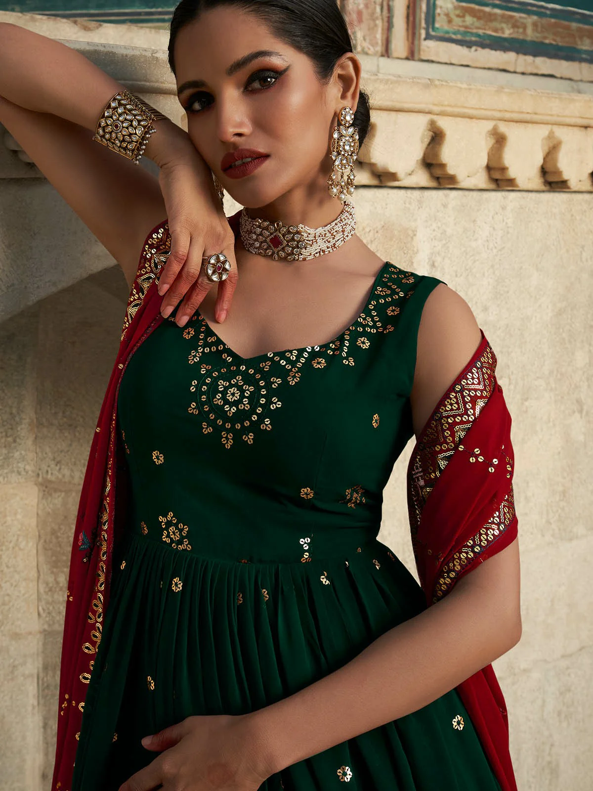 Odette Women Designer Dark Green Georgette Semi Stitched Gown - Image 3