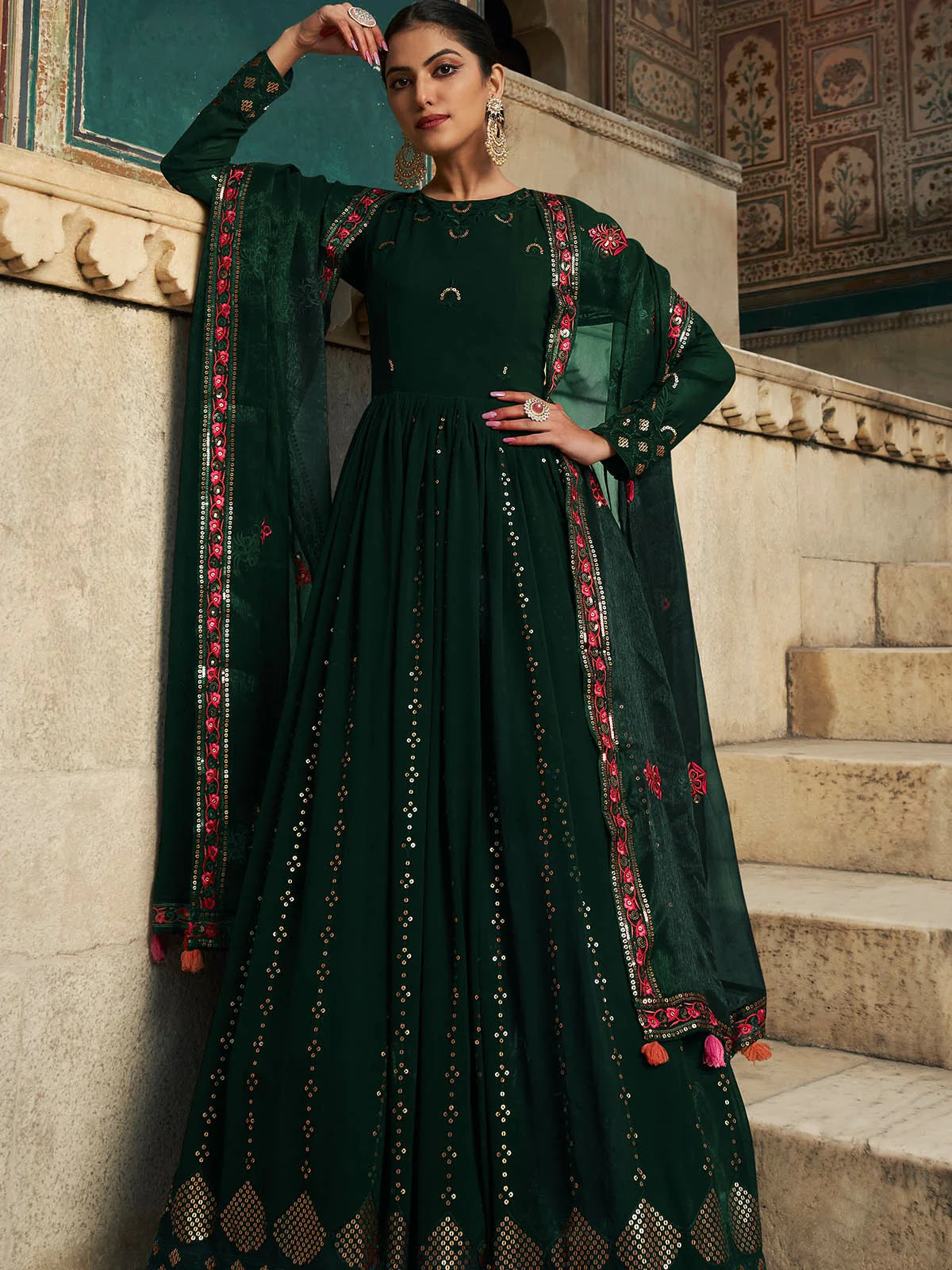 Odette Women Designer Dark Green Georgette Semi Stitched Gown - Image 2