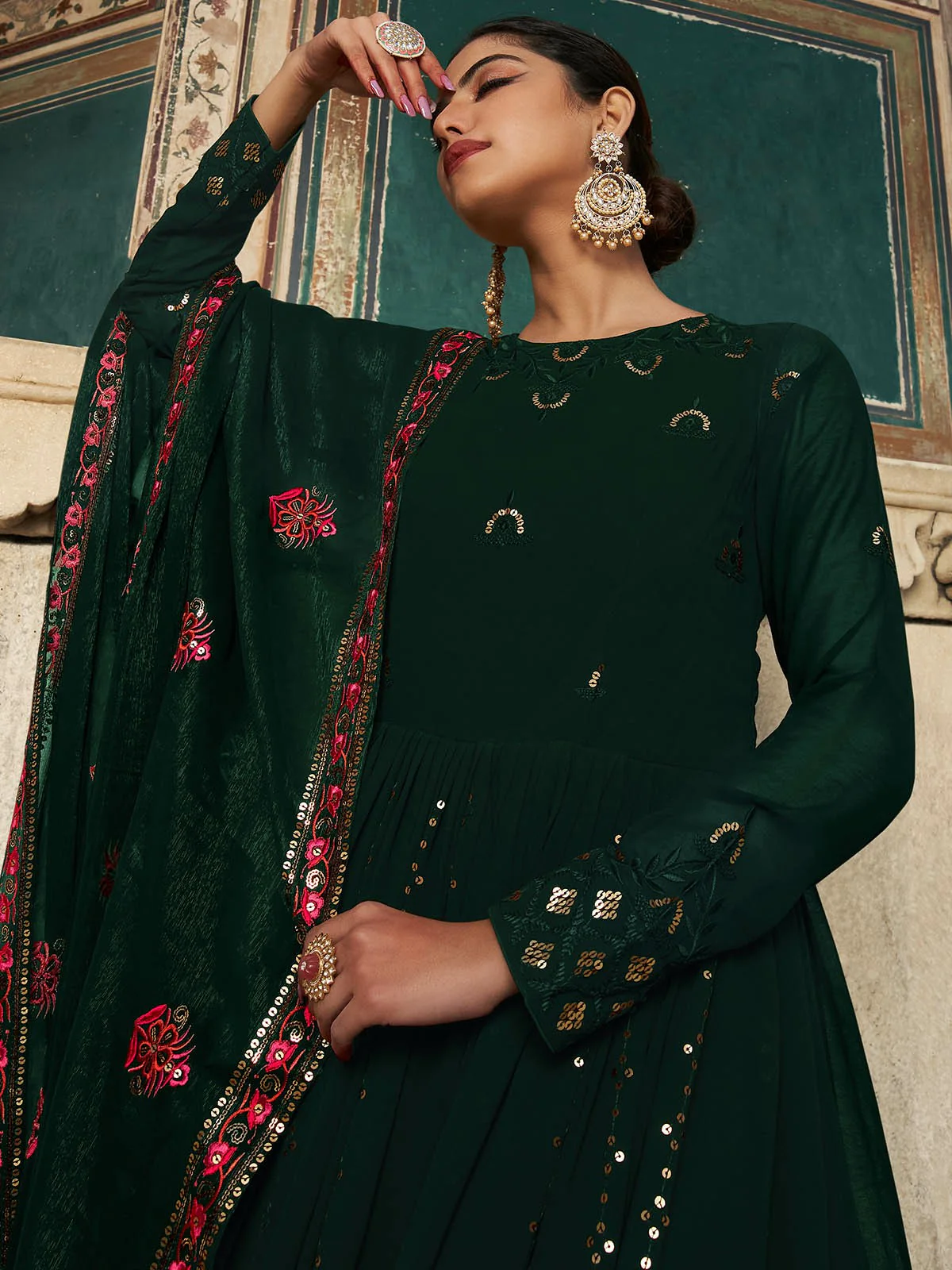 Odette Women Designer Dark Green Georgette Semi Stitched Gown - Image 3