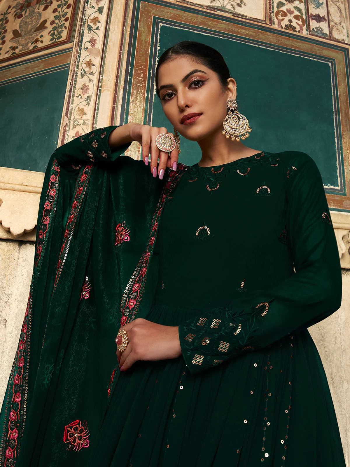 Odette Women Designer Dark Green Georgette Semi Stitched Gown - Image 4