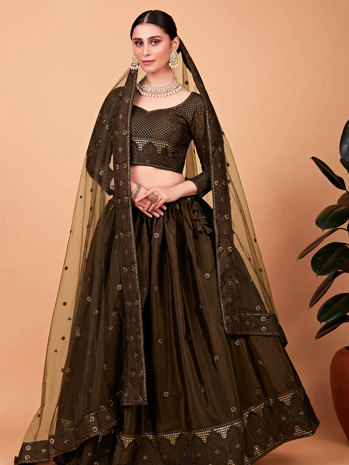 Odette Women Designer Olive Green Silk Blend Semi Stitched Lehenga With Unstitched Blouse - Image 2
