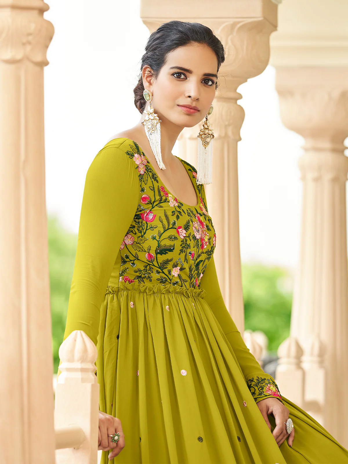Odette Women Designer Olive Georgette Semi Stitched Gown - Image 2