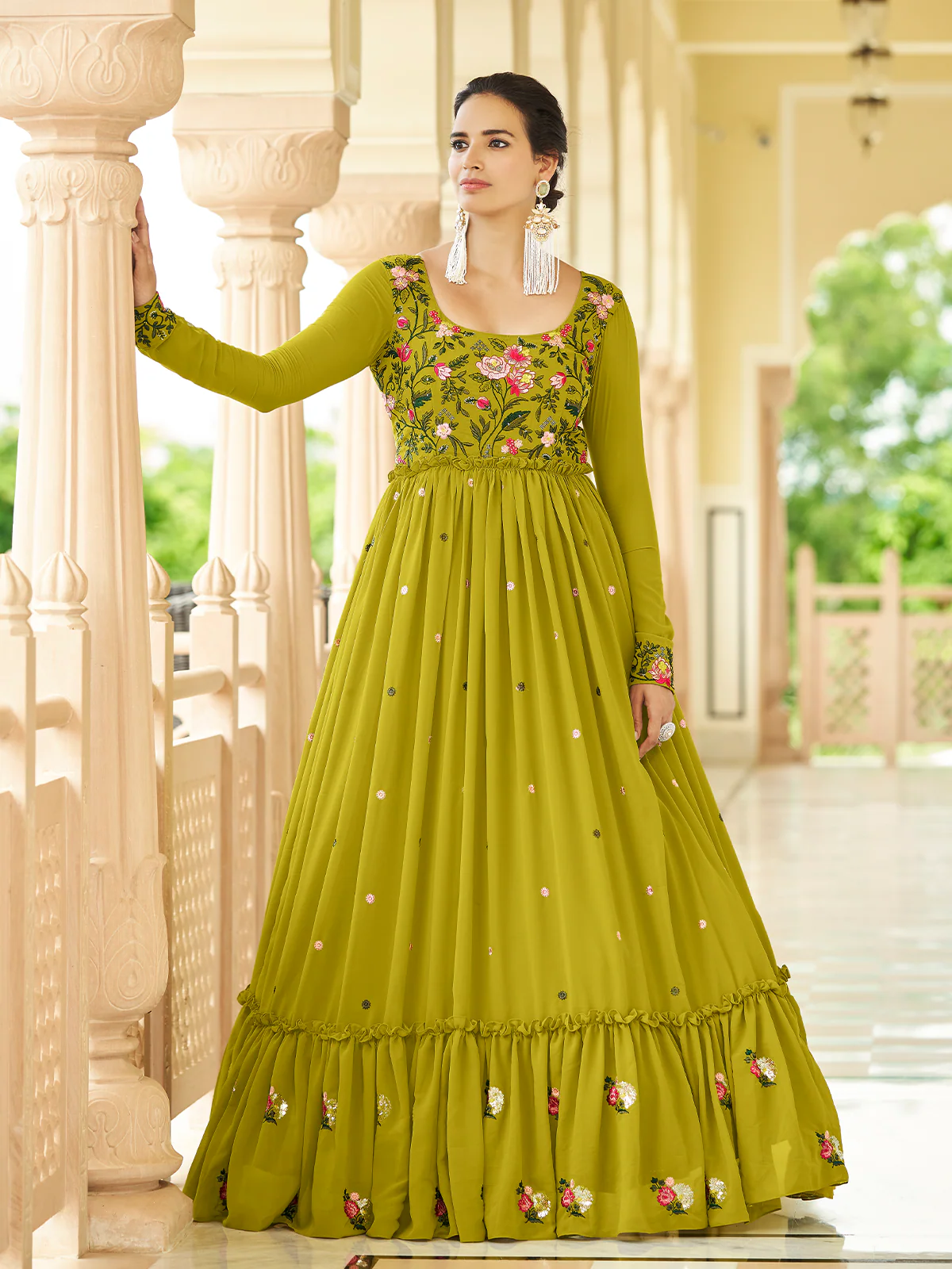 Odette Women Designer Olive Georgette Semi Stitched Gown - Image 3