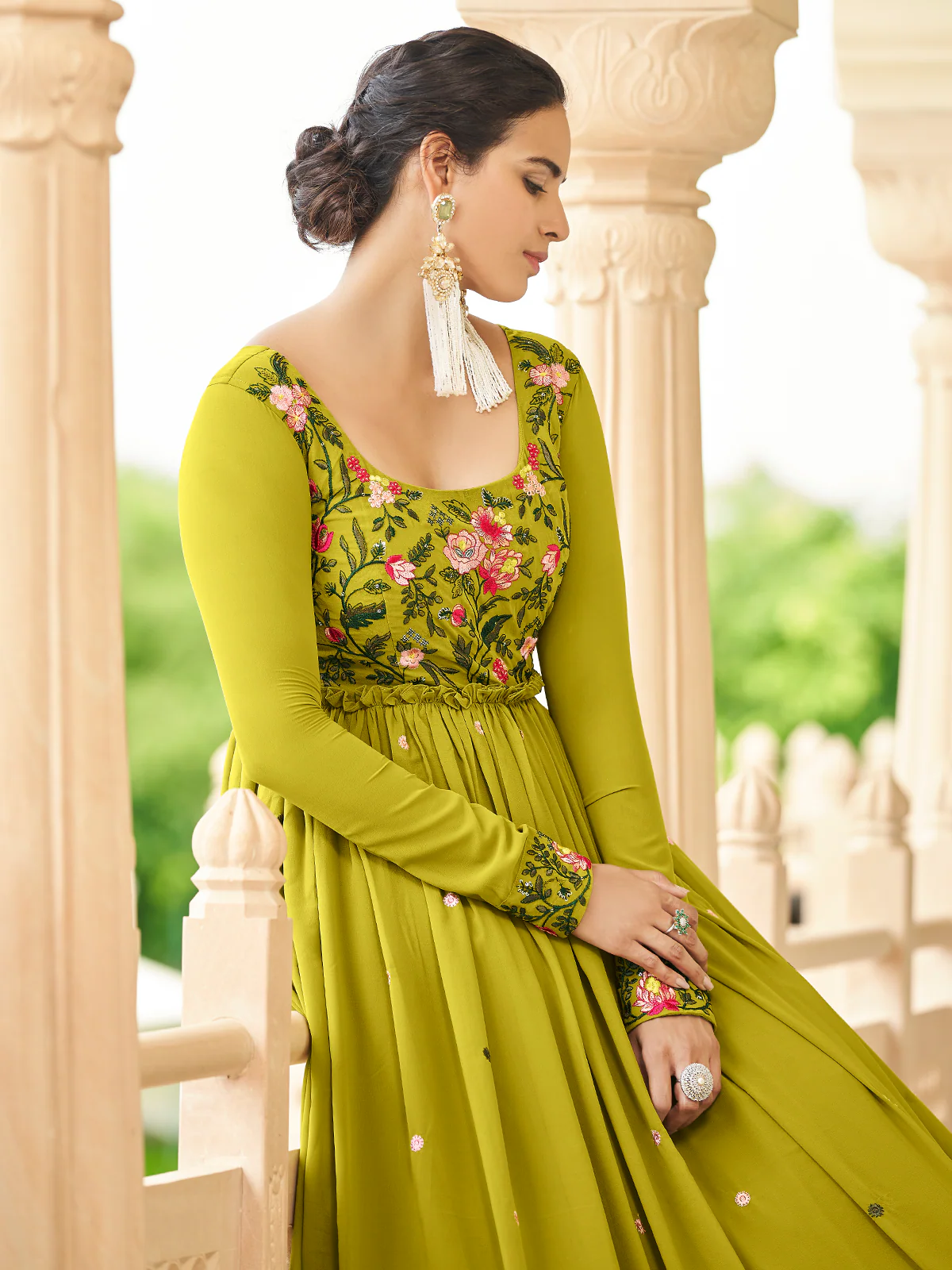 Odette Women Designer Olive Georgette Semi Stitched Gown - Image 4