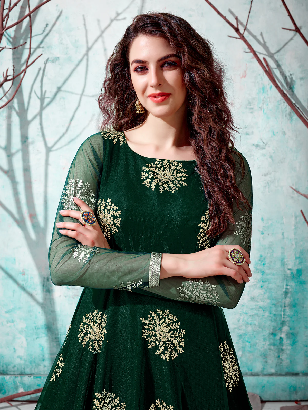 Odette Women Designer Green Net Semi Stitched Gown - Image 3