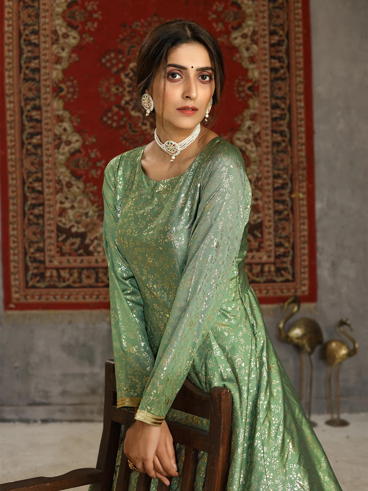 Odette Women Designer Green Taffeta Semi Stitched Gown - Image 2