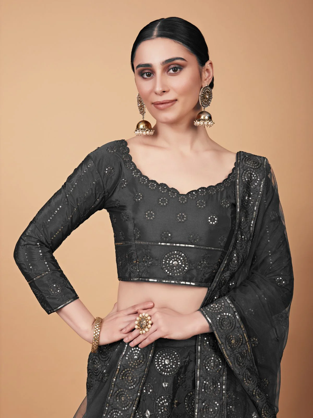 Odette Women Designer Grey Embroidered Semi Stitched Lehenga With Unstitched Blouse - Image 3