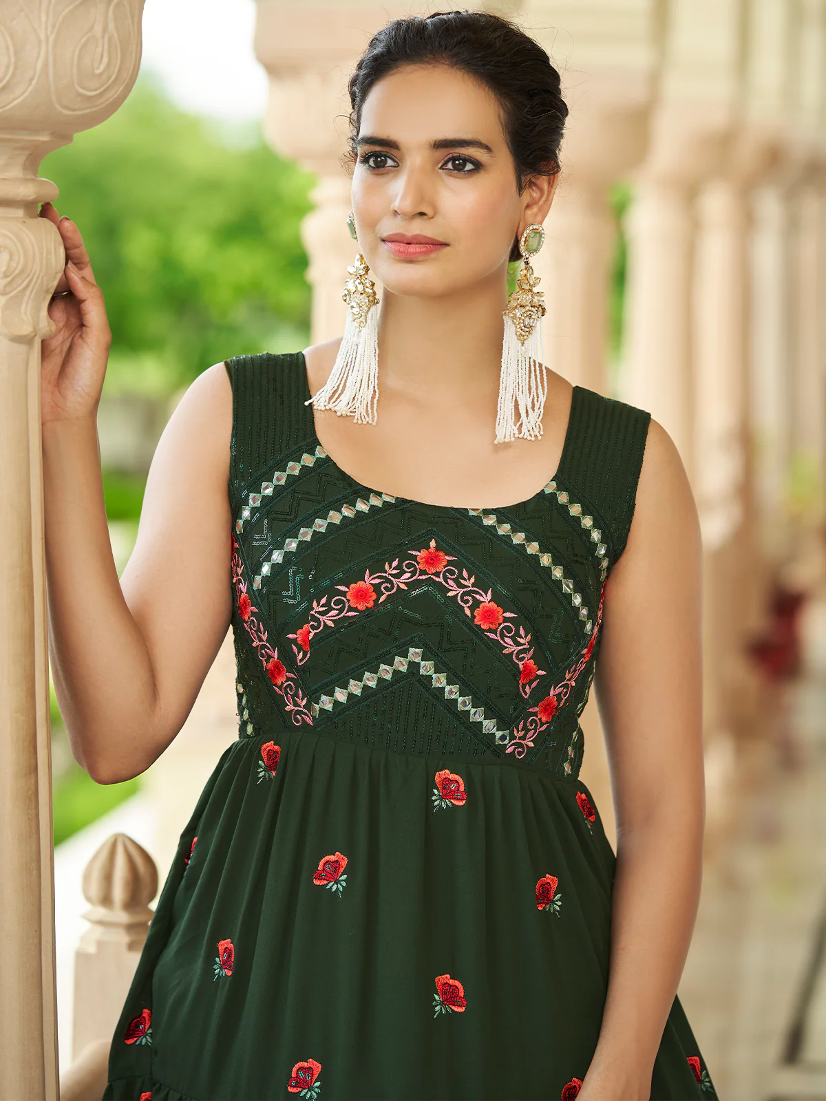 Odette Women Designer Dark Green Georgette Semi Stitched Gown - Image 4