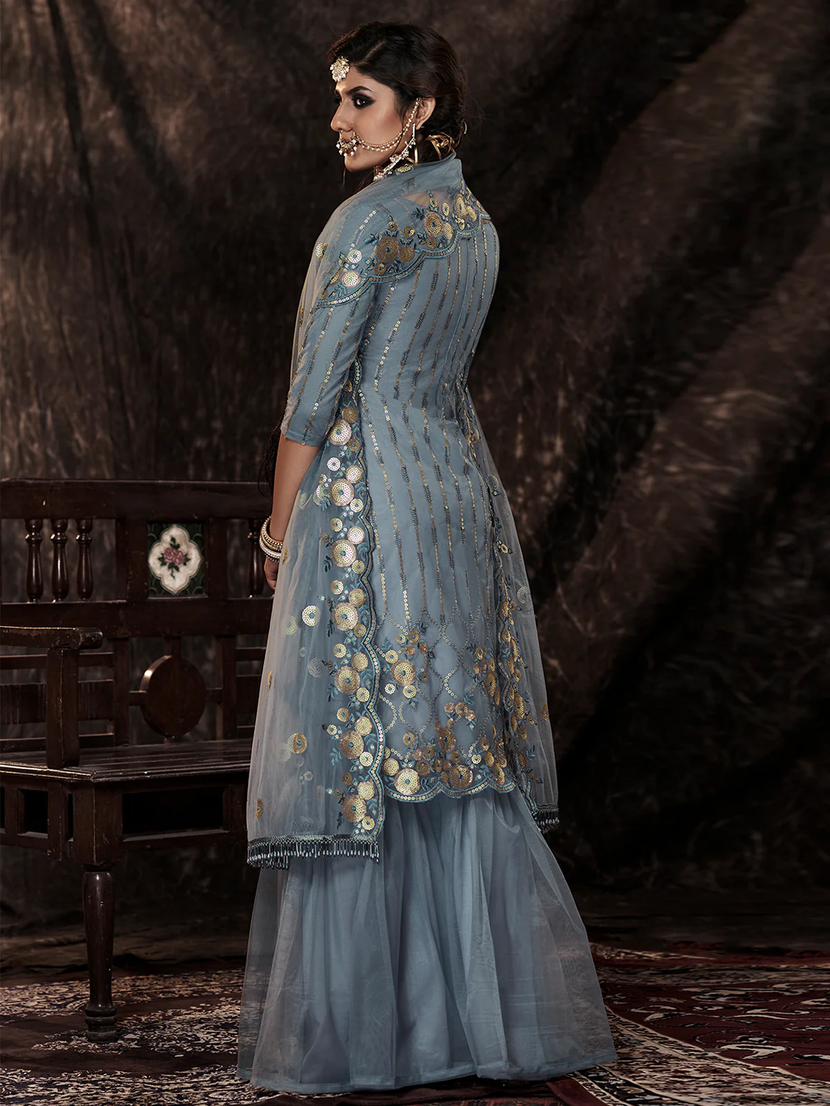Odette Women Designer Grey Soft Net Semi Stitched Kurta Set - Image 3