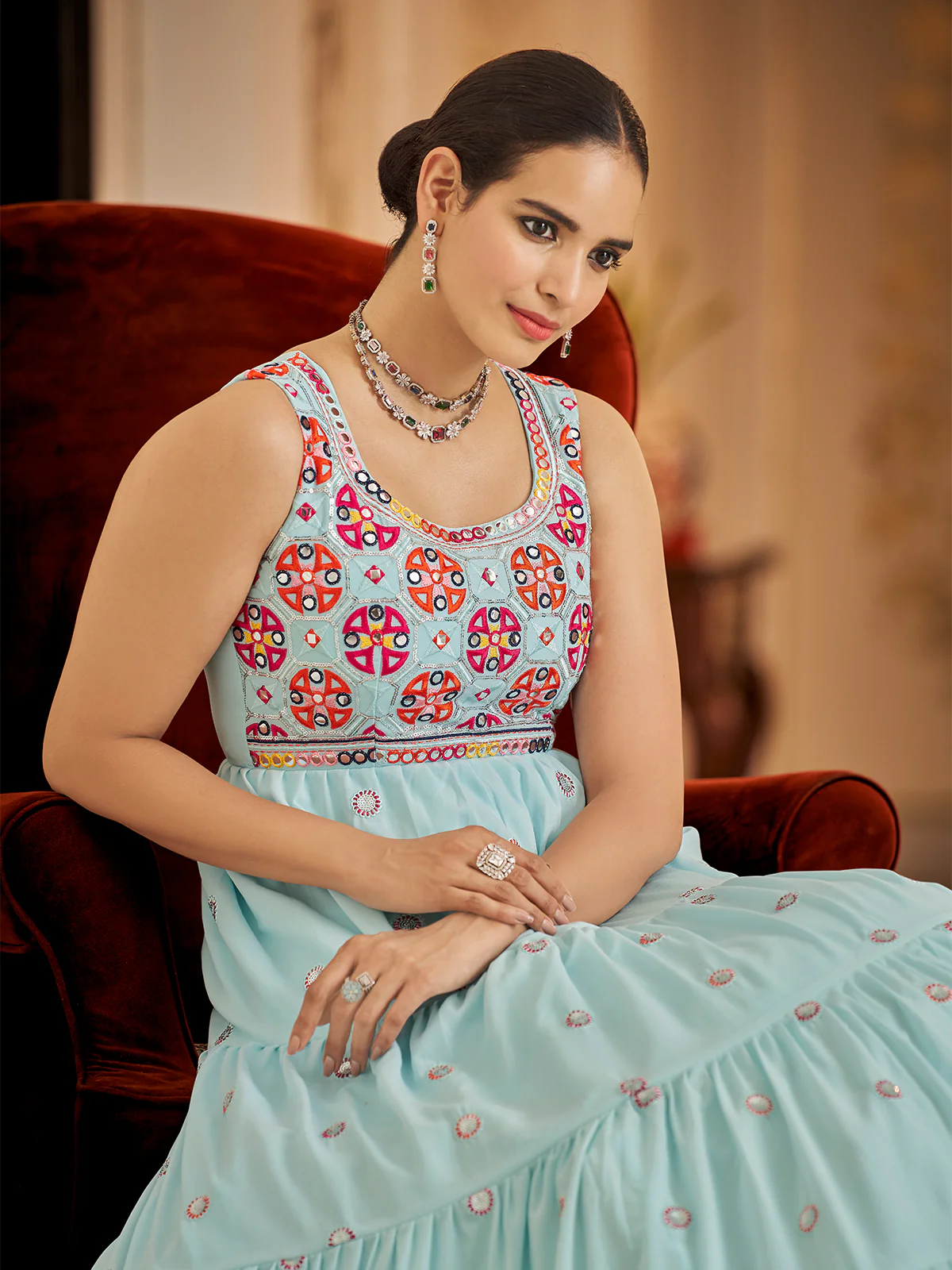Odette Women Designer Sea Green Georgette Semi Stitched Gown - Image 4