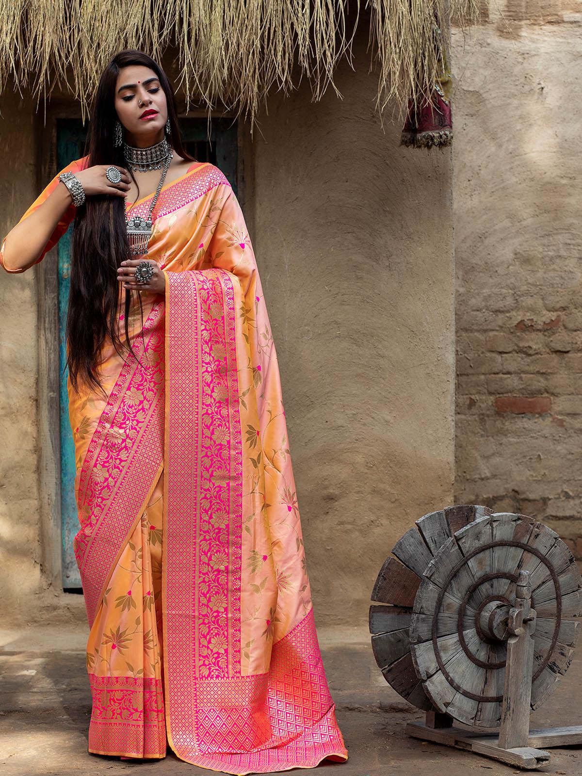 Odette Women Designer Light Orange Banarasi Silk Saree With Unstitched Blouse - Image 3