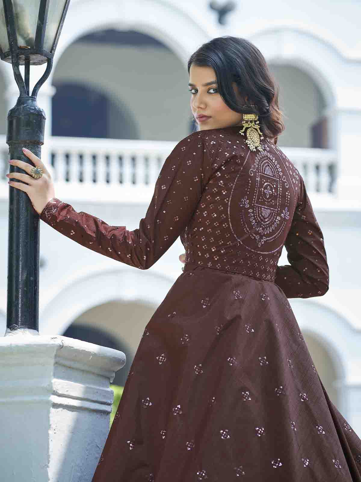 Odette Women Designer Maroon Cotton Semi Stitched Gown - Image 3