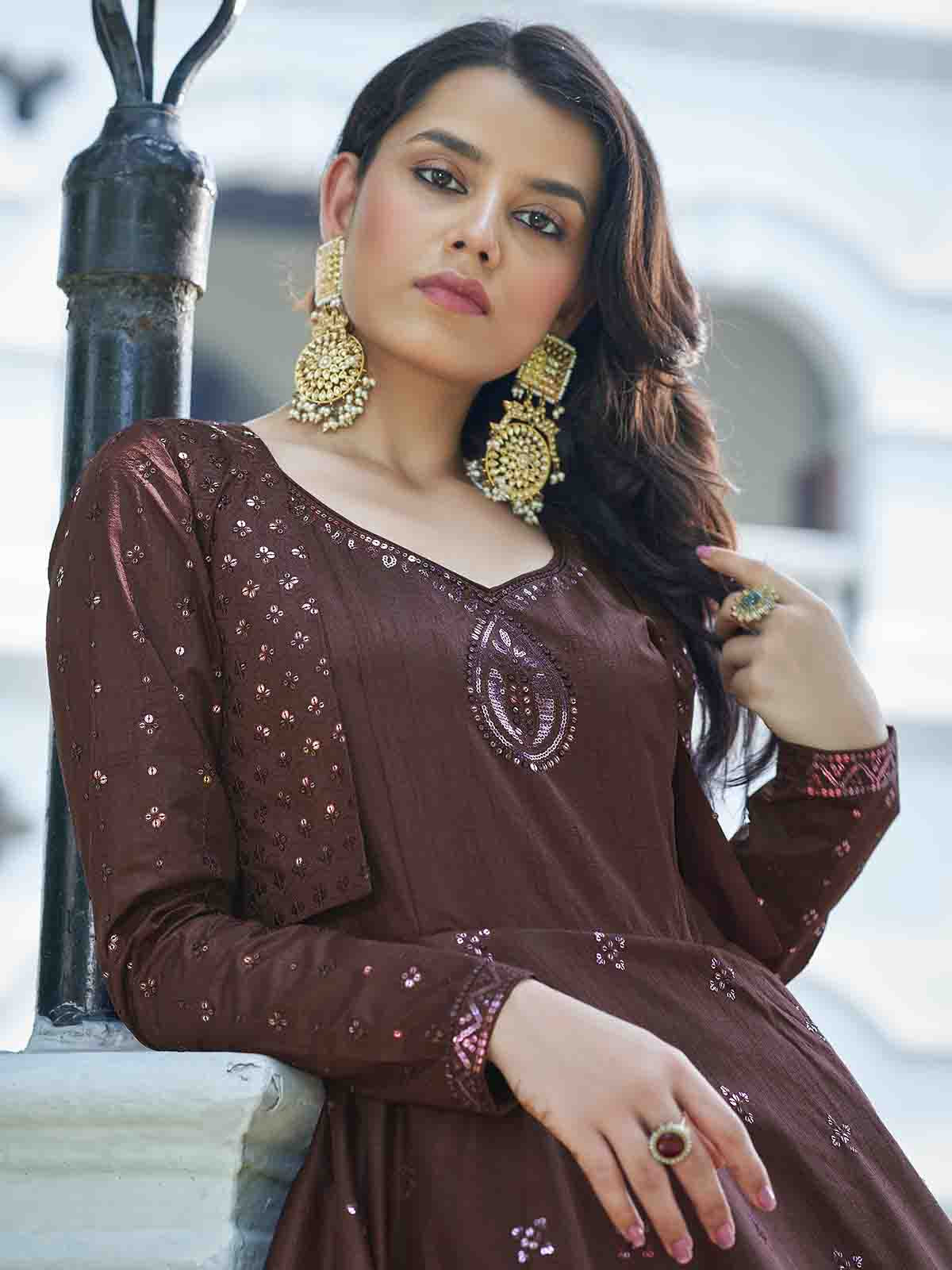 Odette Women Designer Maroon Cotton Semi Stitched Gown - Image 4