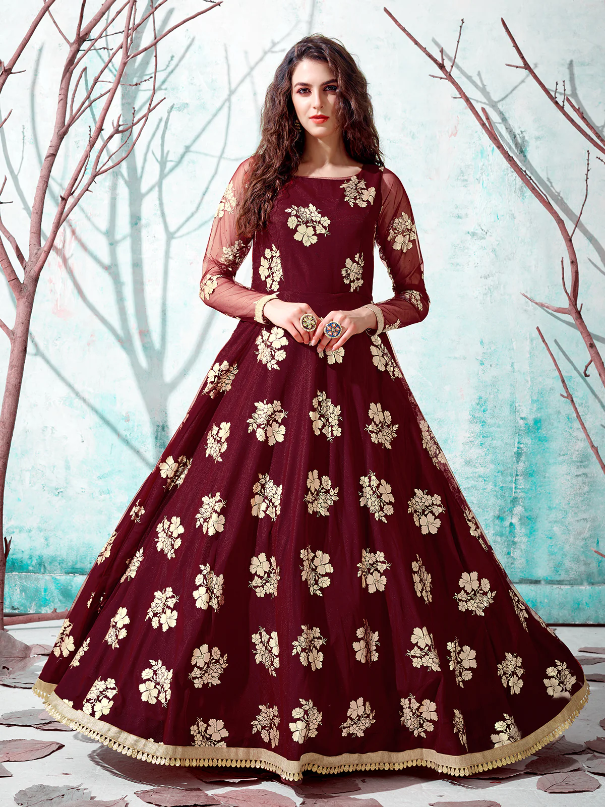 Odette Women Designer Maroon Net Semi Stitched Gown - Image 2