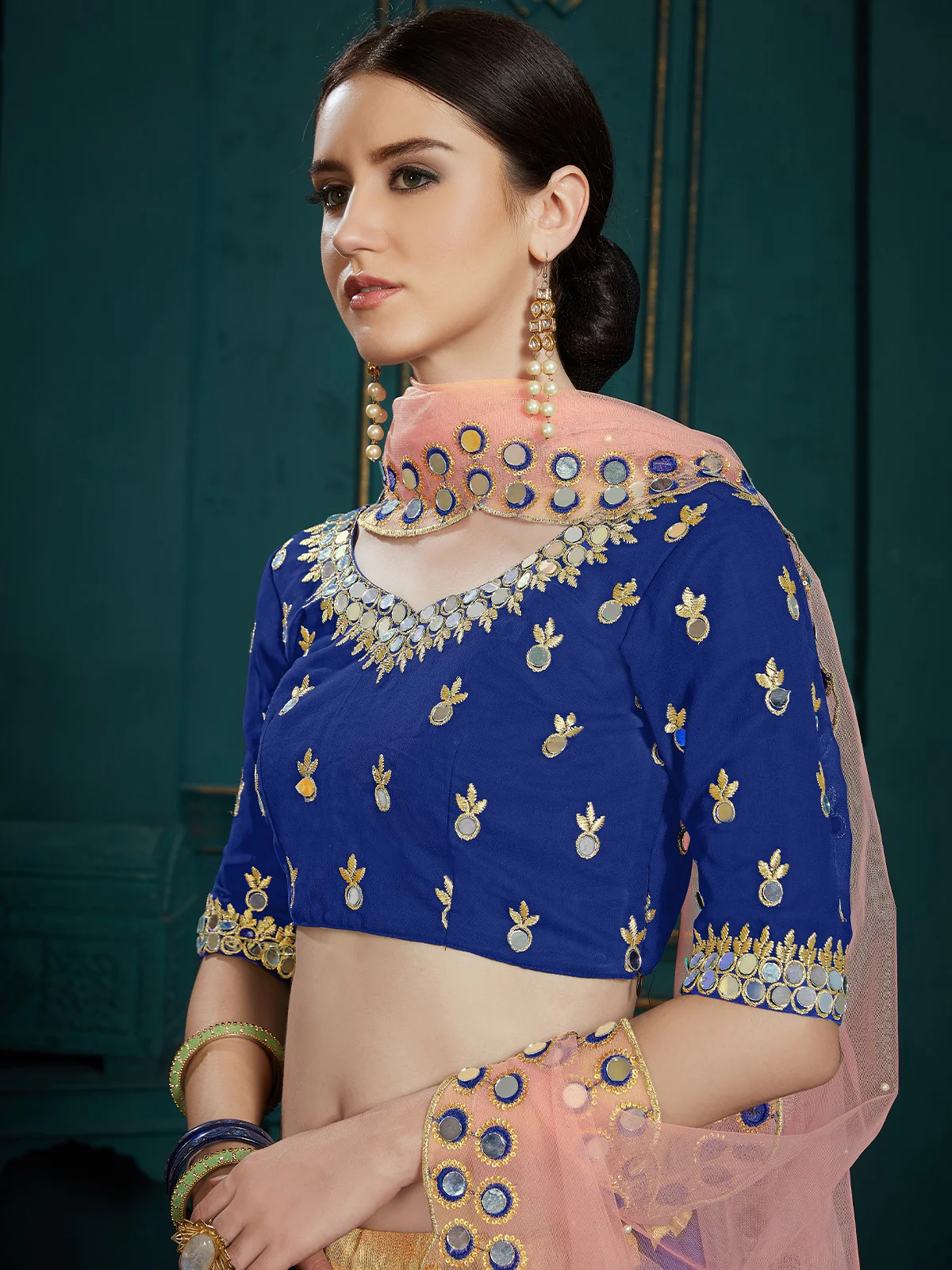 Odette Women Designer Dark Blue Sequins Semi Stitched Lehenga With Unstitched Blouse - Image 3