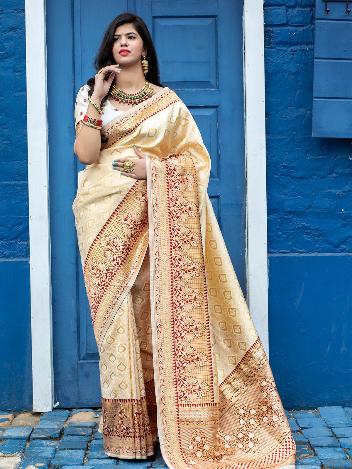 Odette Women Designer Apricot Banarasi Silk Saree With Unstitched Blouse - Image 3