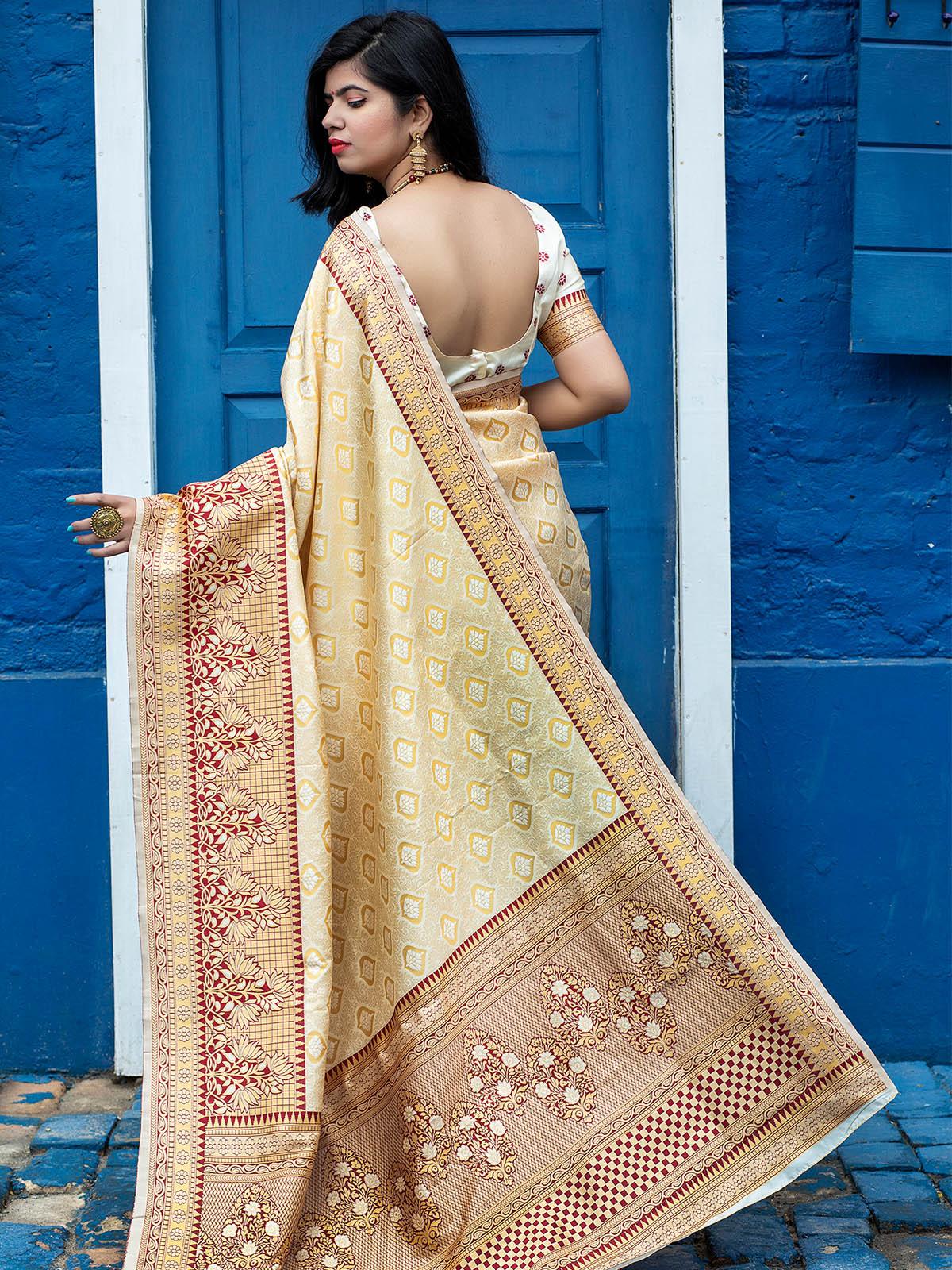 Odette Women Designer Apricot Banarasi Silk Saree With Unstitched Blouse - Image 4