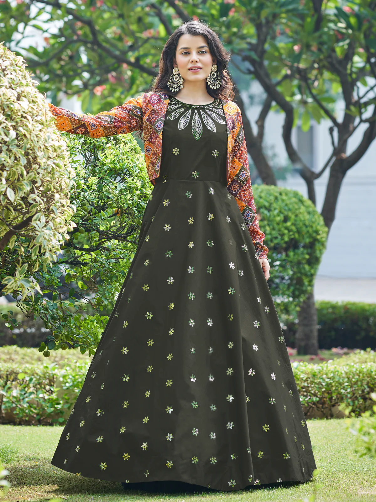 Odette Women Designer Olive Cotton Semi Stitched Gown - Image 2