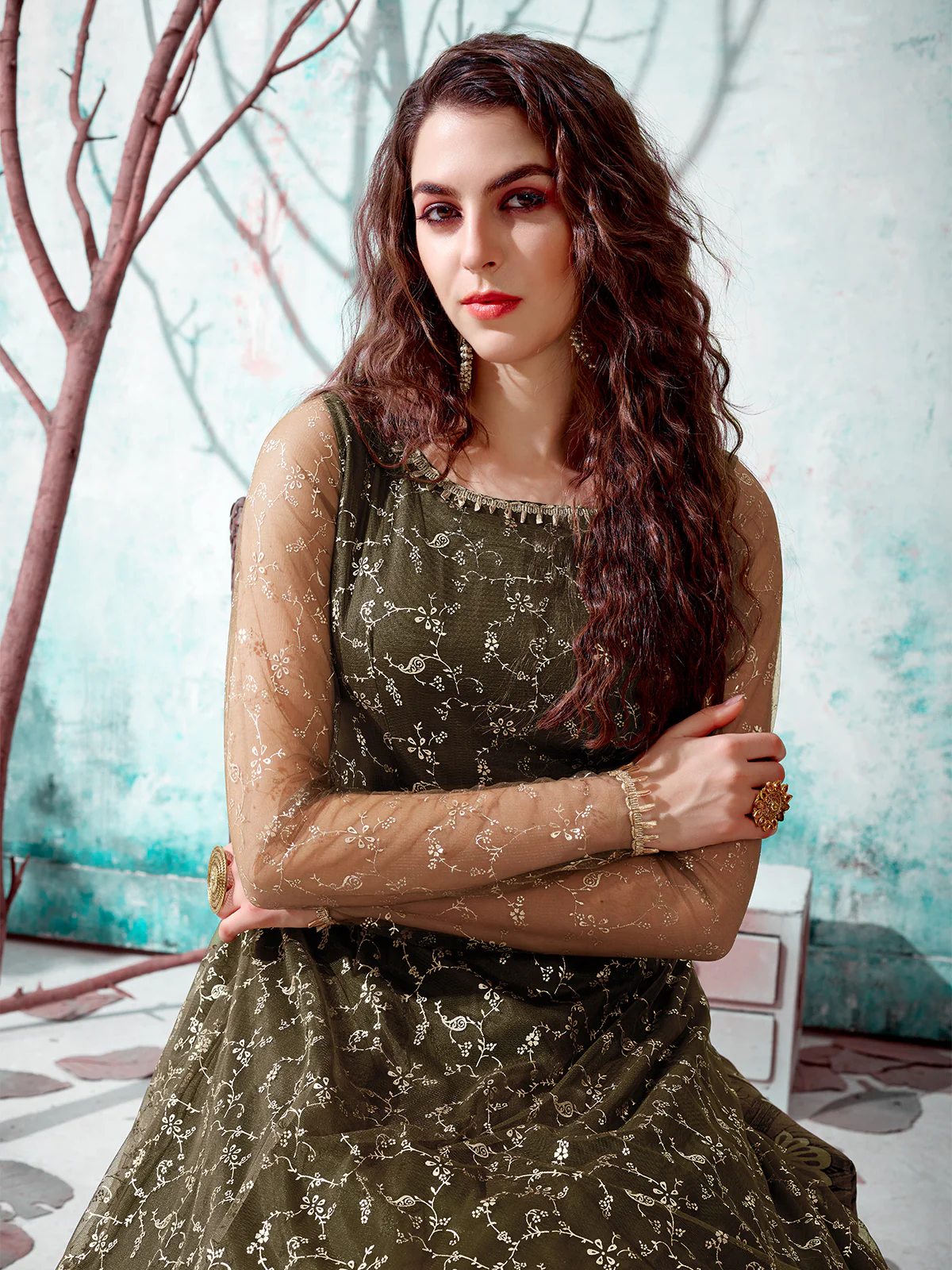 Odette Women Designer Olive Net Semi Stitched Gown - Image 2