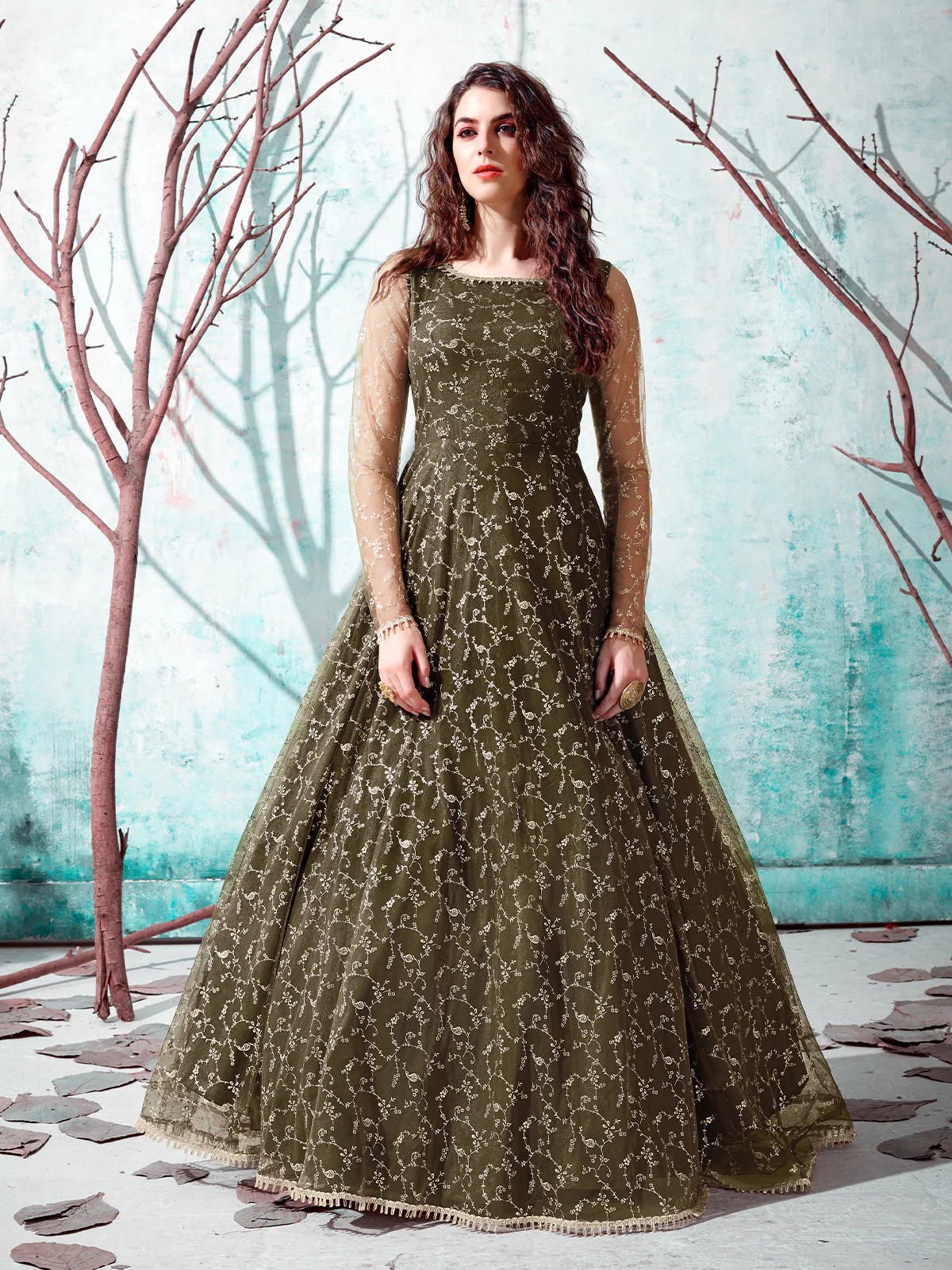 Odette Women Designer Olive Net Semi Stitched Gown - Image 3