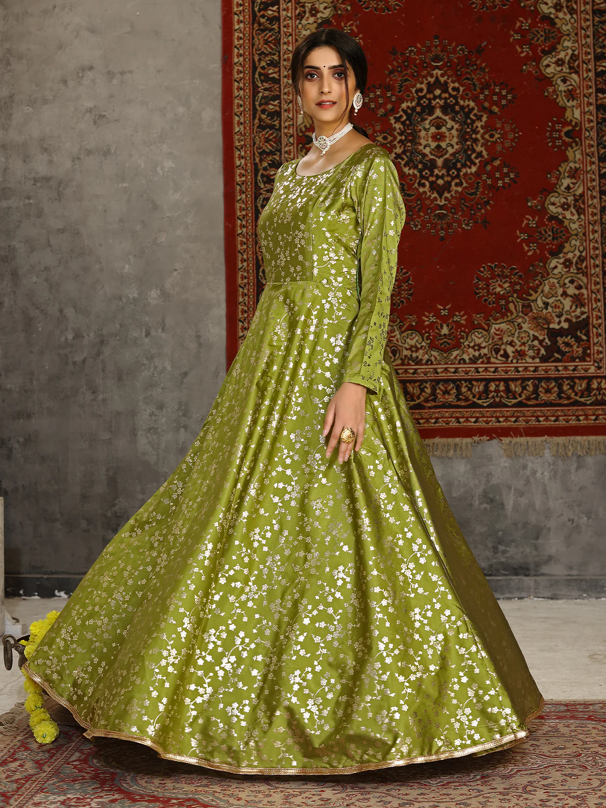 Odette Women Designer Olive Taffeta Semi Stitched Gown - Image 3
