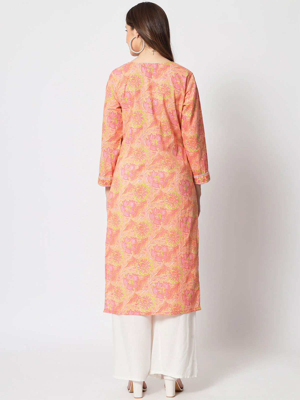 Odette Women Designer Peach Cotton Printed Stitched Kurta - Image 5