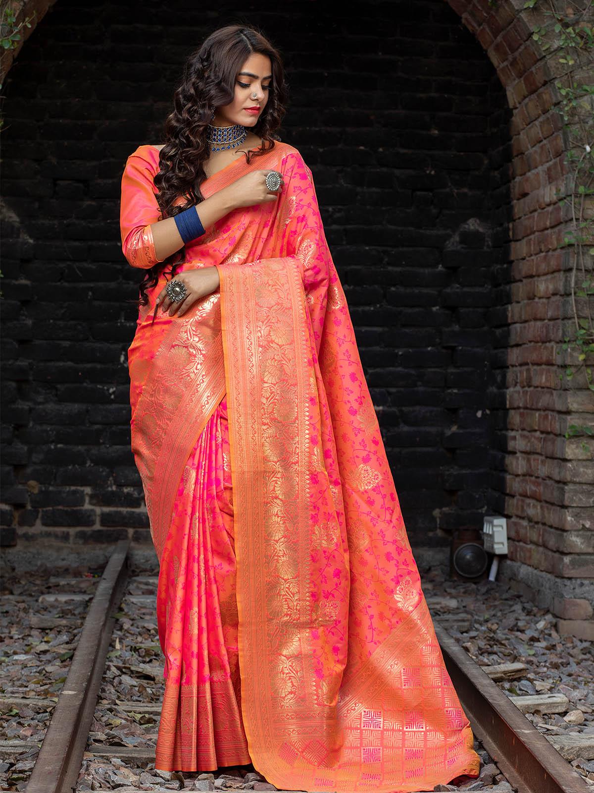 Odette Women Designer Pink Banarasi Silk Saree With Unstitched Blouse - Image 3