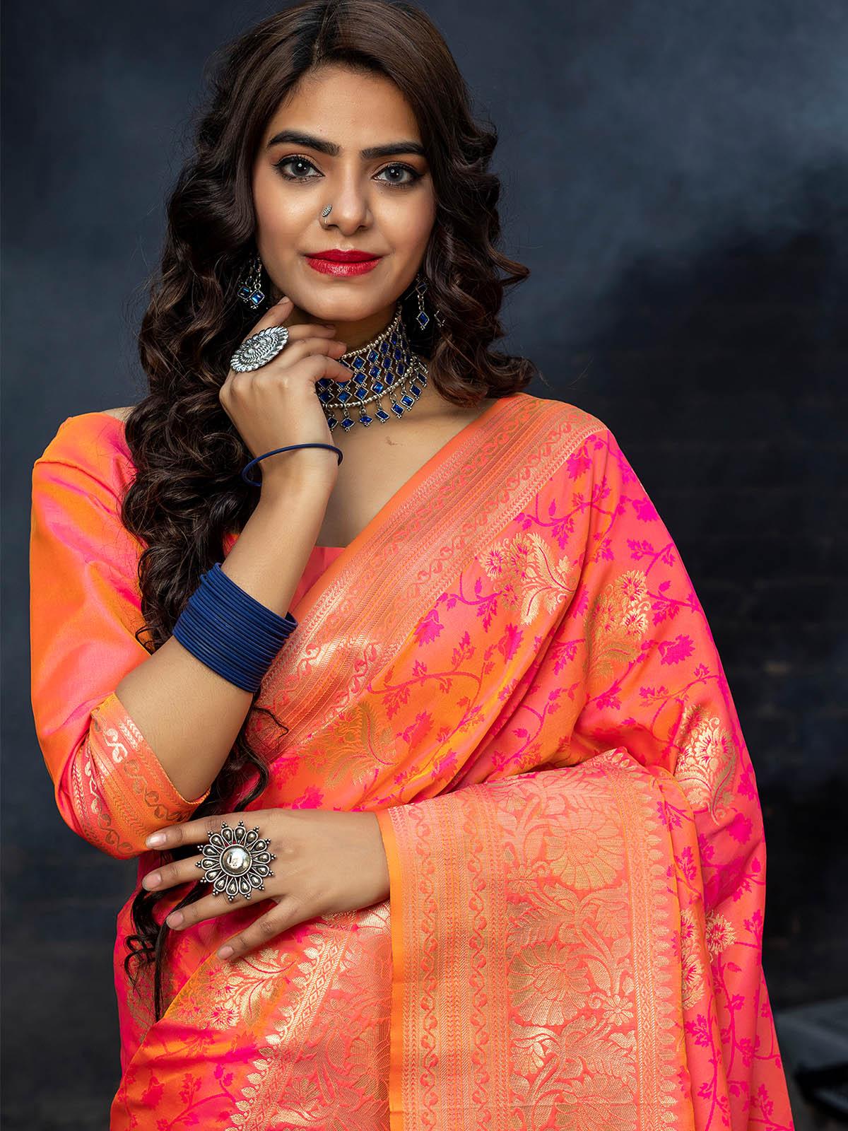 Odette Women Designer Pink Banarasi Silk Saree With Unstitched Blouse - Image 5
