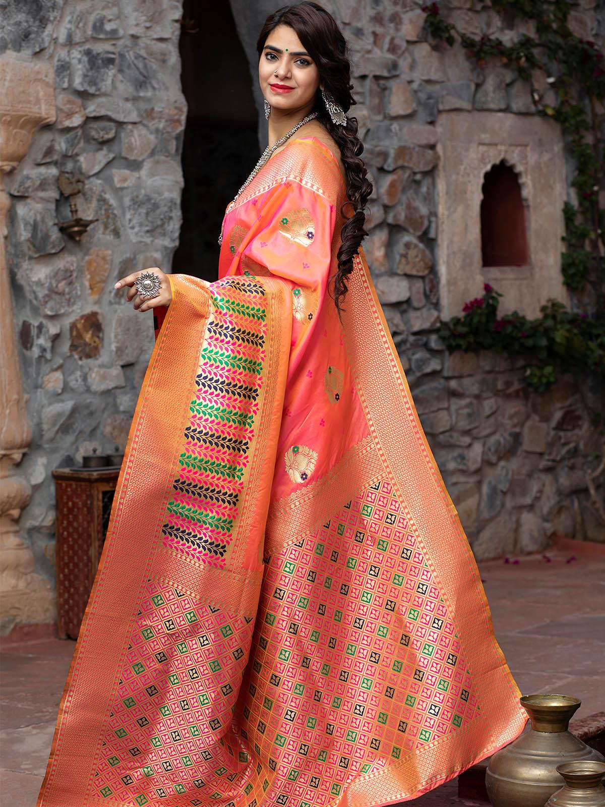 Odette Women Designer Pink Banarasi Silk Saree With Unstitched Blouse - Image 2