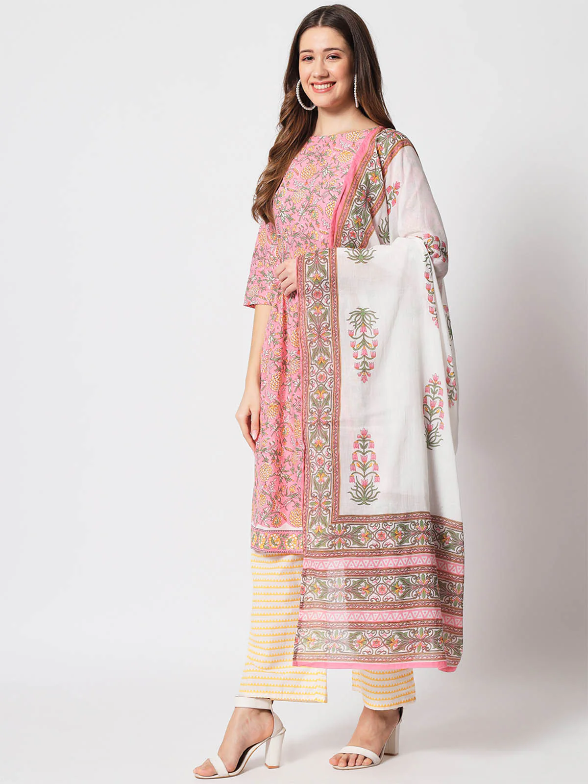 Odette Women Designer Pink Cotton Printed Stitched Kurta Set - Image 3