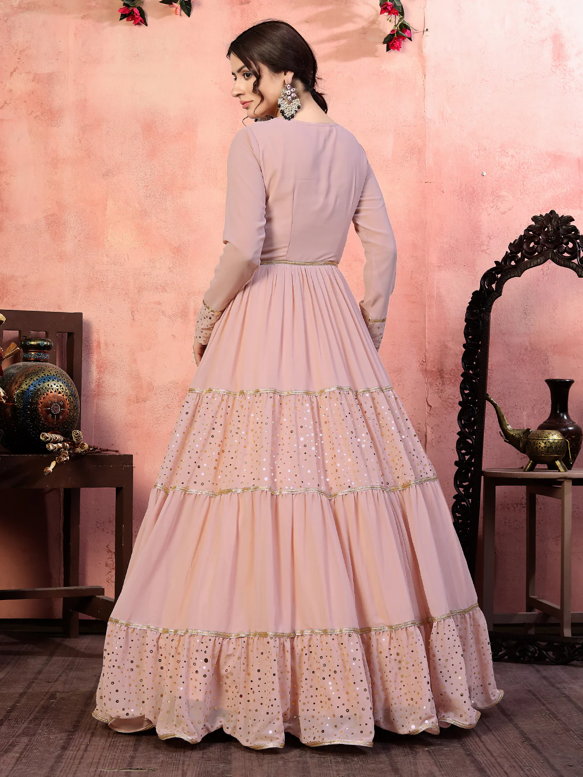 Odette Women Designer Pink Georgette Semi Stitched Gown - Image 4