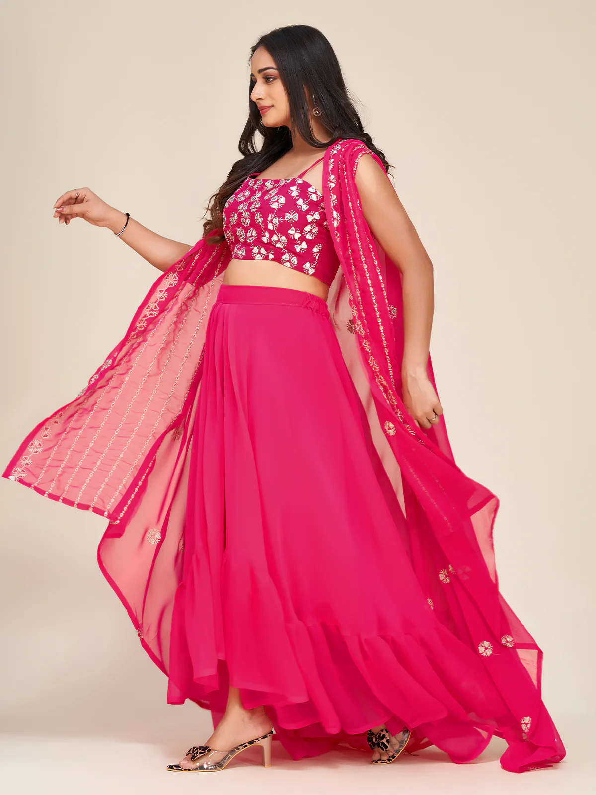 Odette Women Designer Pink Georgette Semi Stitched Lehenga With Unstitched Blouse - Image 3