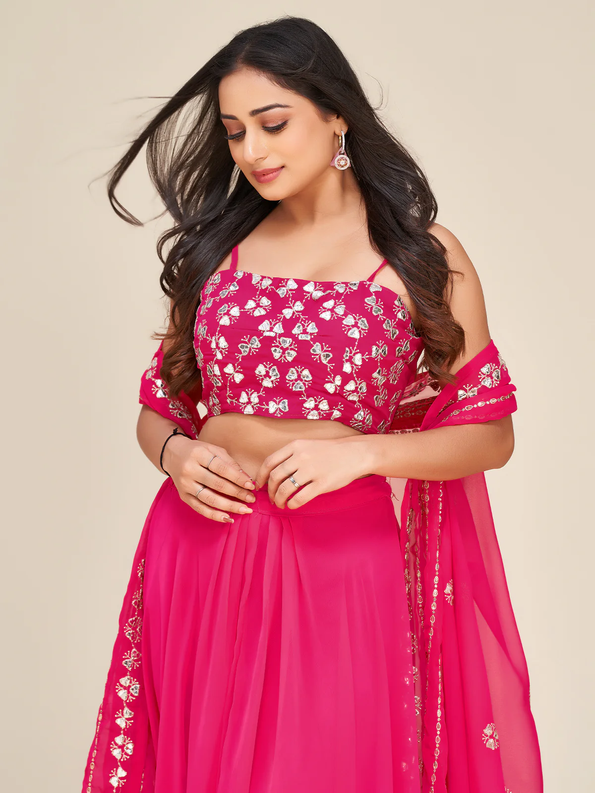 Odette Women Designer Pink Georgette Semi Stitched Lehenga With Unstitched Blouse - Image 6