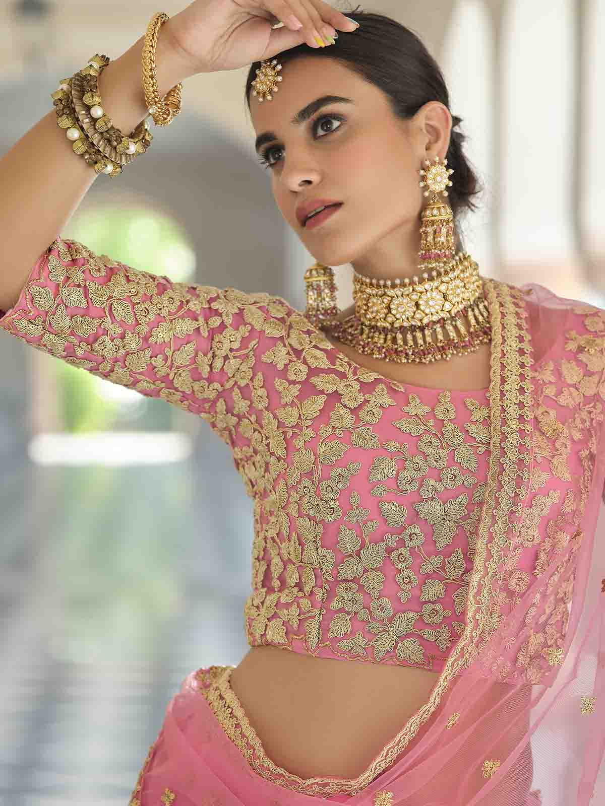 Odette Women Designer Pink Semi Stitched Lehenga With Unstitched Blouse - Image 3
