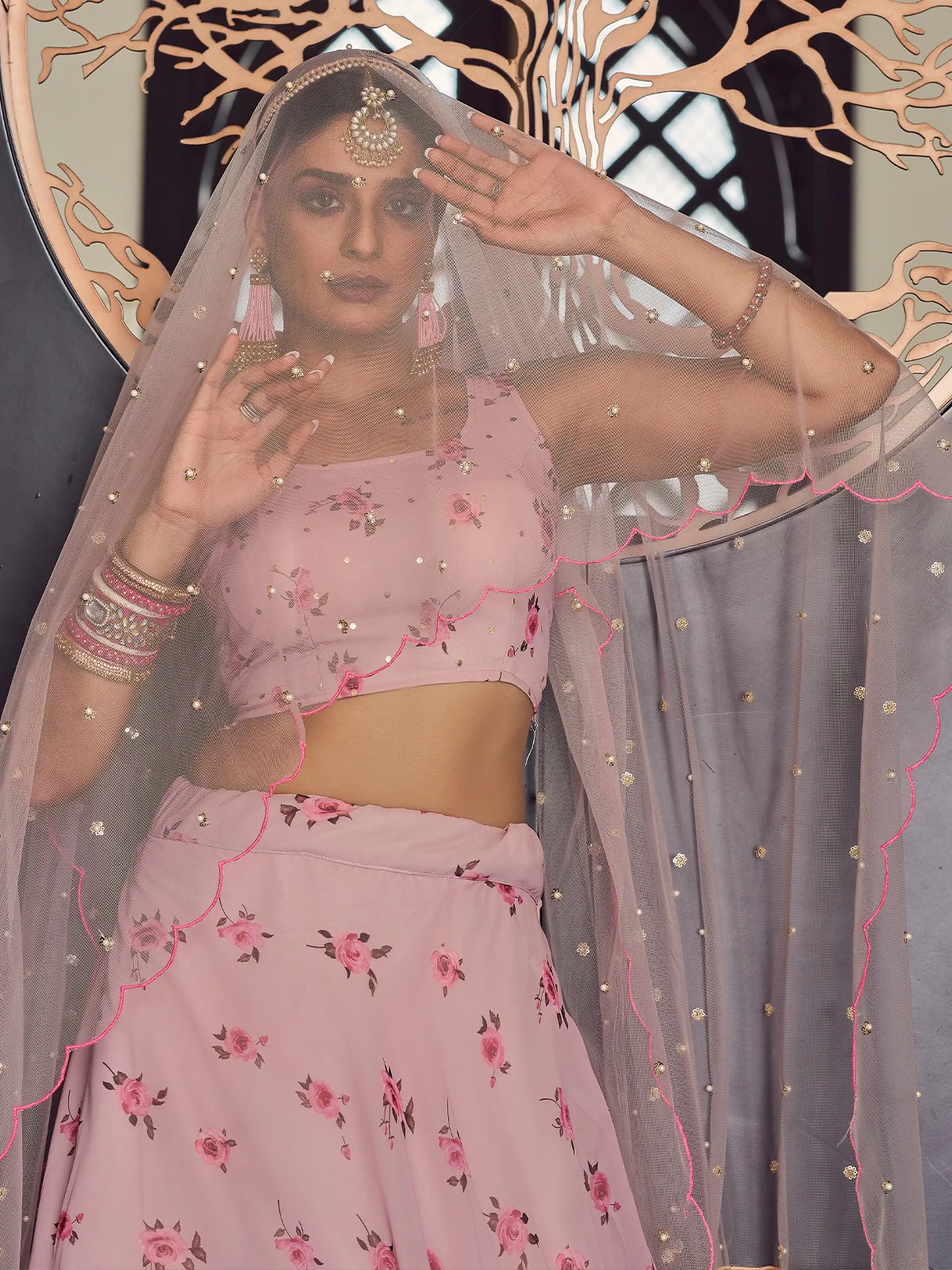 Odette Women Designer Pink Semi Stitched Lehenga With Unstitched Blouse - Image 3
