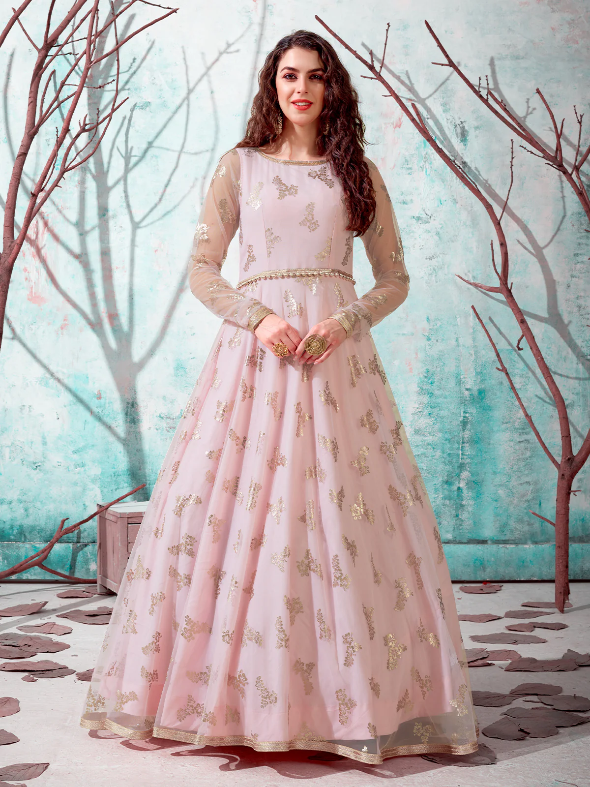 Odette Women Designer Pink Net Semi Stitched Gown - Image 2